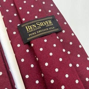 Ben Silver Tie Burgundy Polka Dot‎ Jacquard Pure English Silk Preppy Luxury